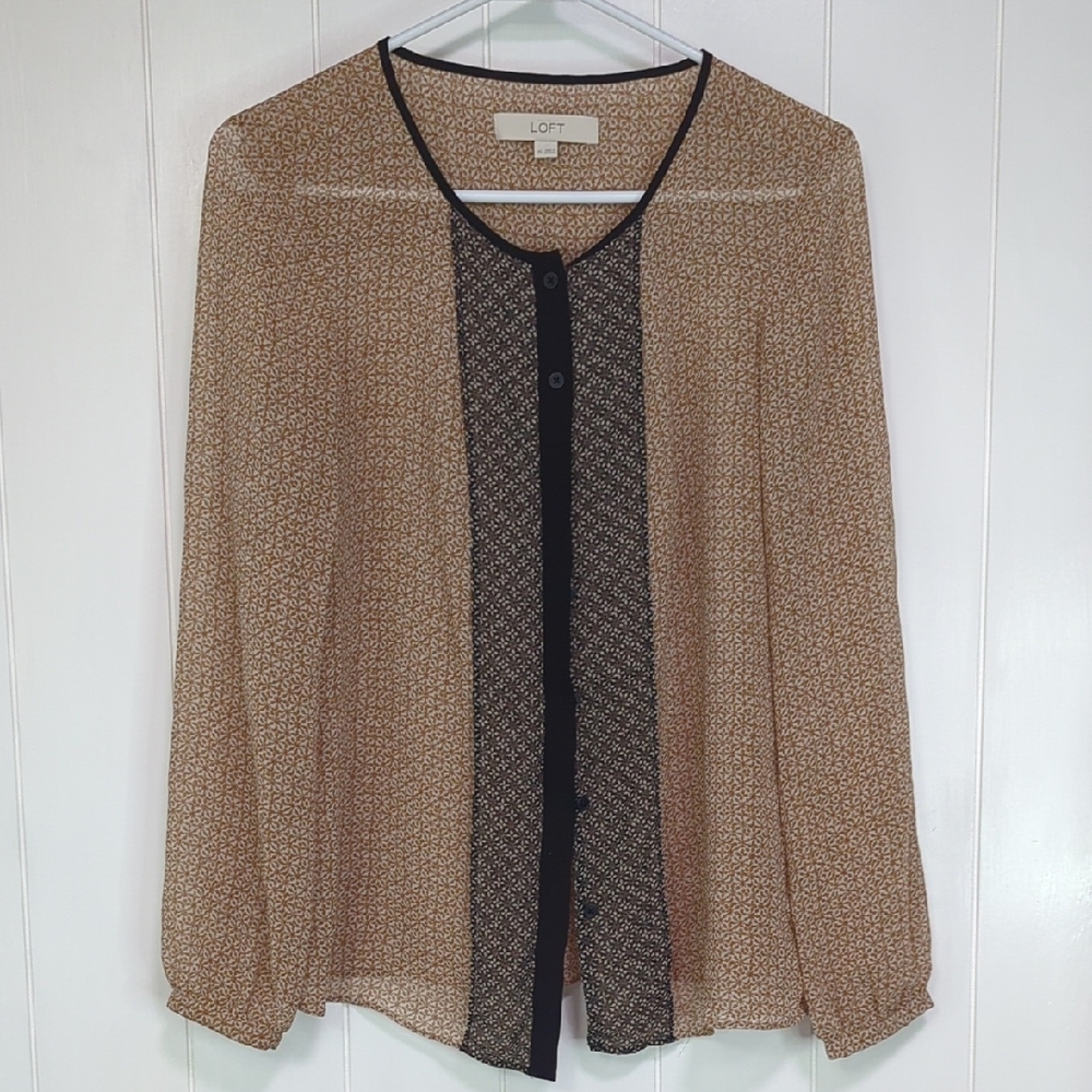 LOFT Women's Brown Sheer Button-Down Top